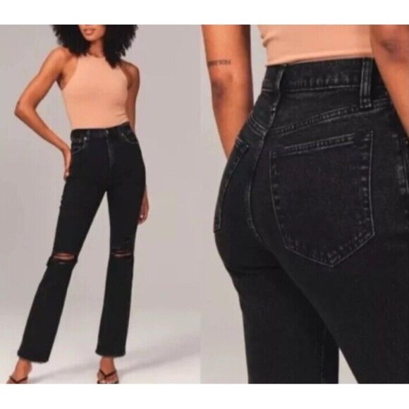 Abercrombie & Fitch Jeans 27/4S Black Ankle Straight Ultra High Rise Distressed - Picture 1 of 11